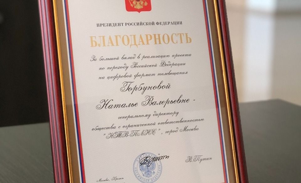 Наталья Горбунова удостоена благодарности В.В. Путина за вклад в реализацию проекта по переходу на цифровой формат телевещания обложка